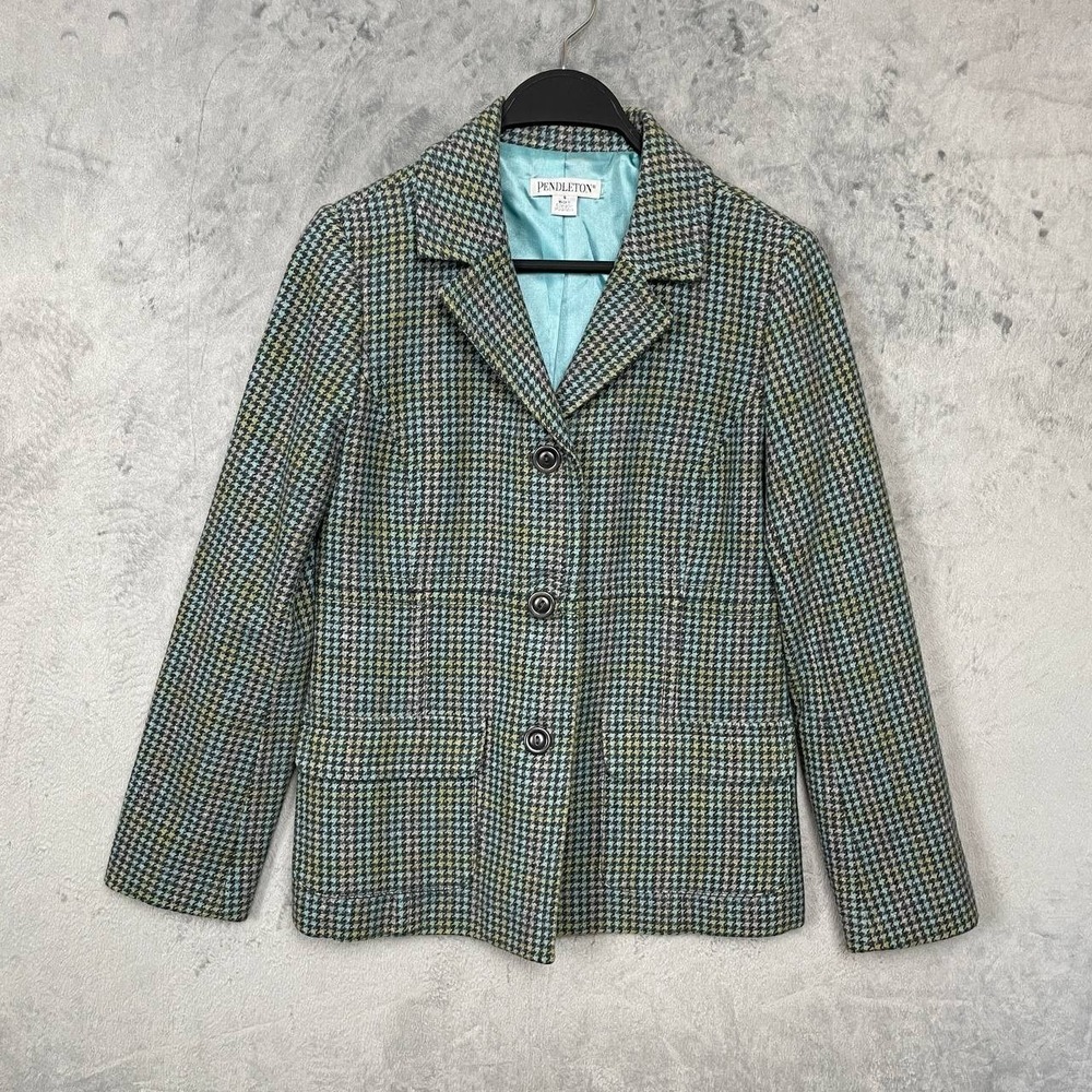 Pendleton Wool Houndstooth Plaid Teal Gray Blazer 6 Academia Preppy Tailored‎